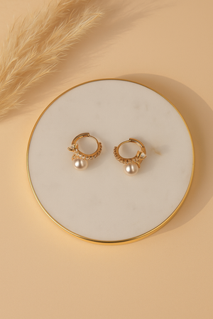 Rose Gold Hoop Earrings with Pearl Drop & Bow Accent – Designer Artificial Jewelry for Women