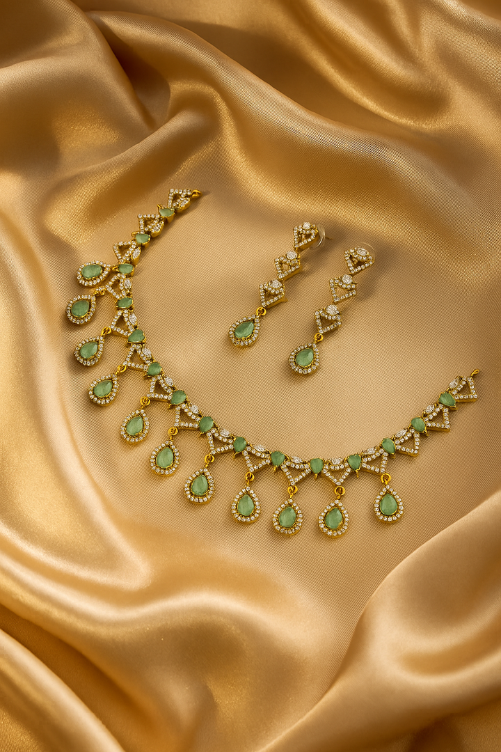 Gold-Toned Green Stone Necklace & Earring Set – Bridal Artificial Jewelry for Women