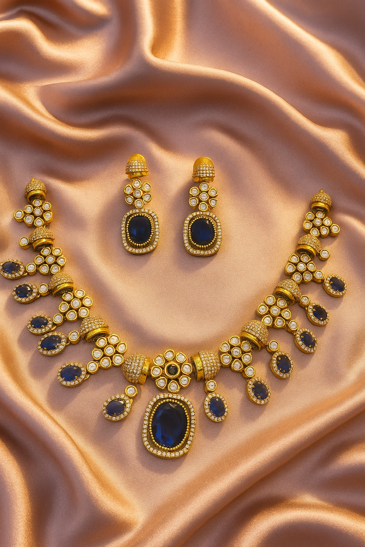 Regal Blue Stone Gold-Plated Necklace & Earring Set – Bridal & Festive Jewelry