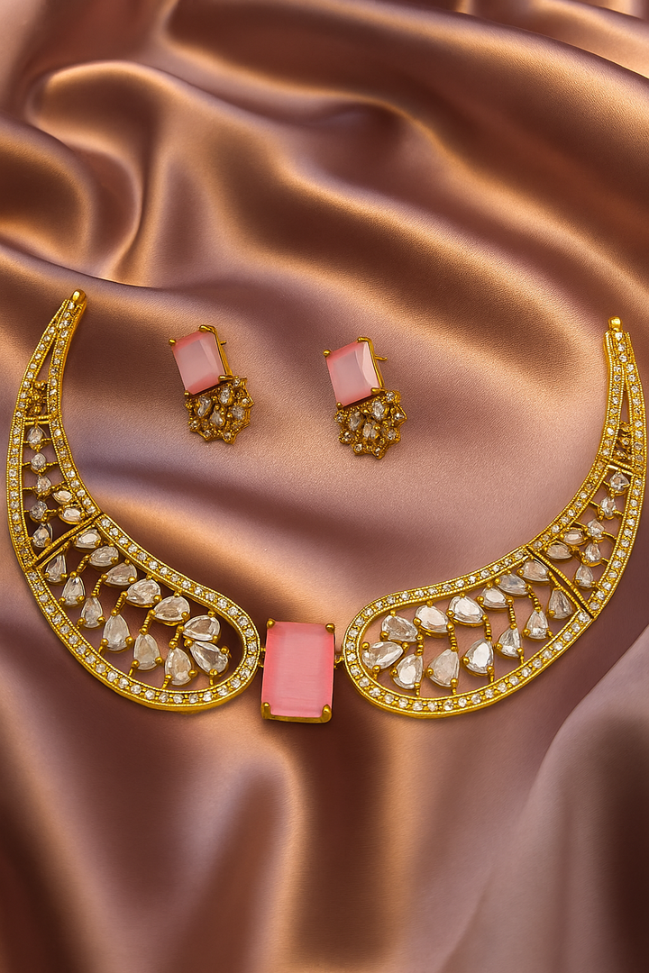 Elegant Pink Stone Gold-Plated Necklace & Earring Set – Wedding & Festive Jewelry