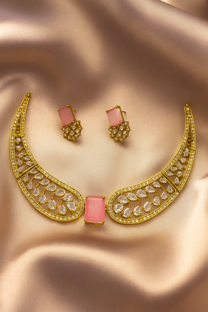 Elegant Pink Stone Gold-Plated Necklace & Earring Set – Wedding & Festive Jewelry