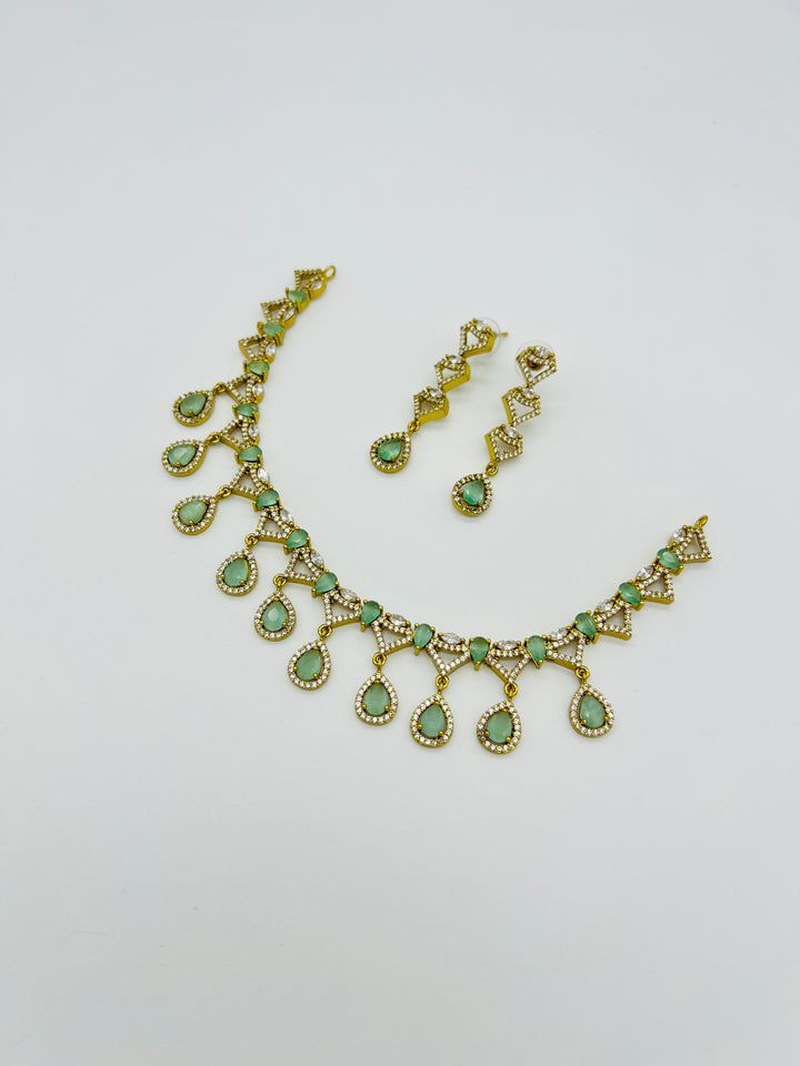 Gold-Toned Green Stone Necklace & Earring Set – Bridal Artificial Jewelry for Women