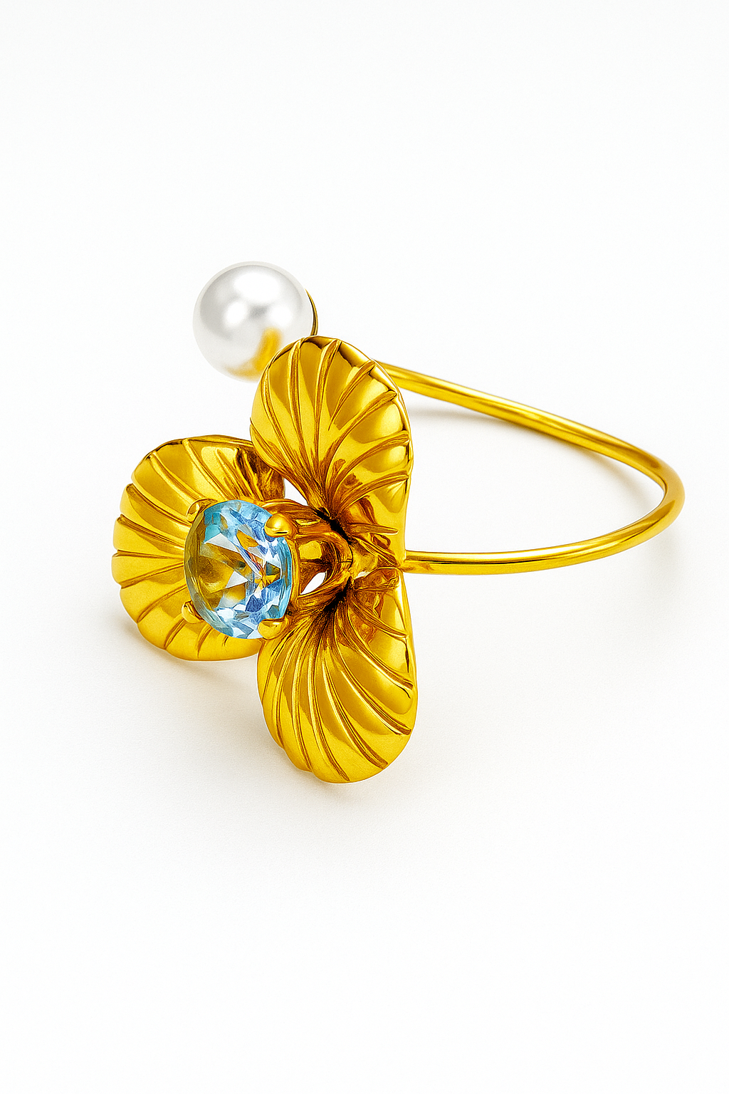 Elegant Gold Leaf Ring with Pearl & Diamond Accent – Designer Artificial Jewelry for Women