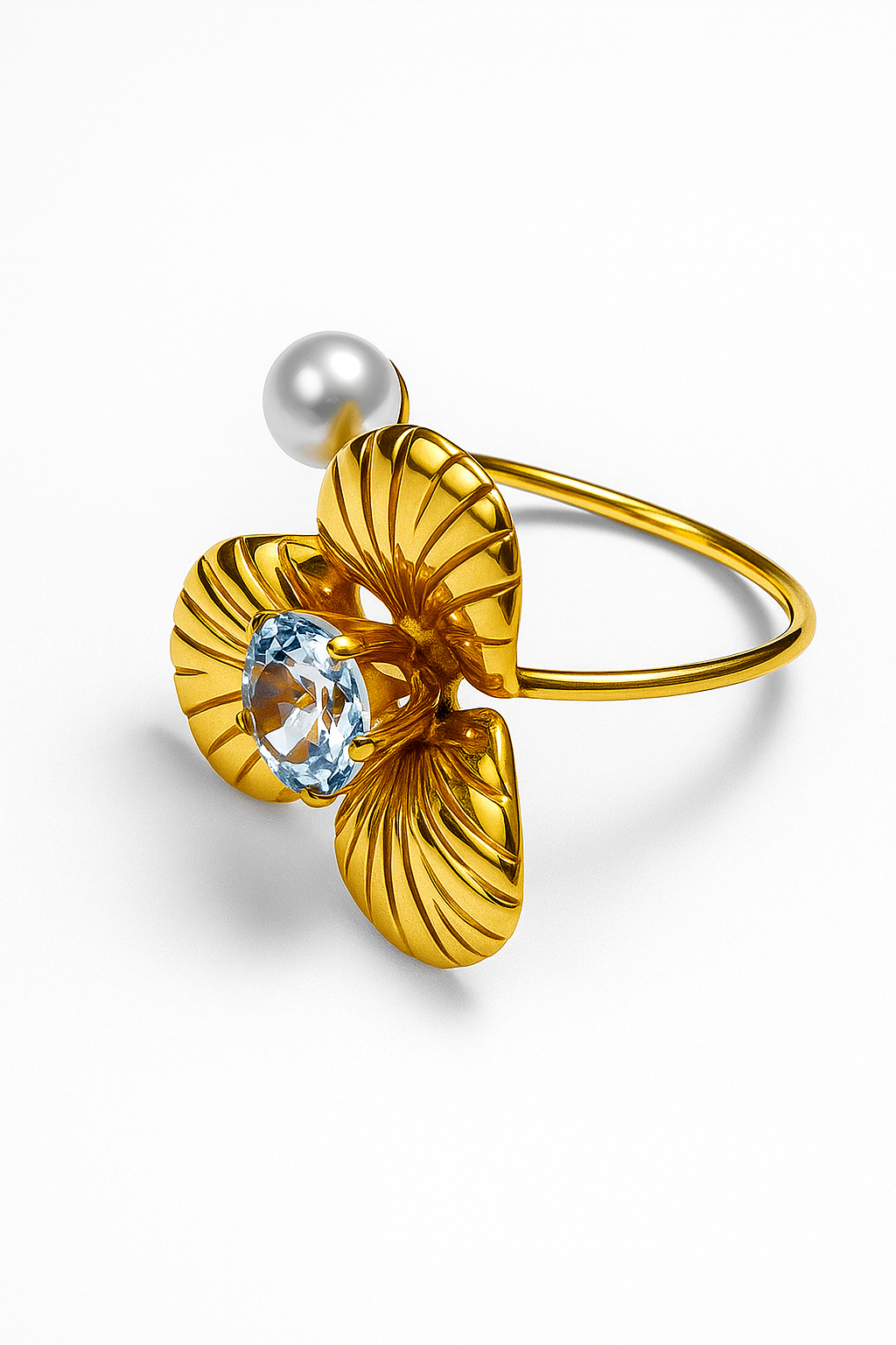 Elegant Gold Leaf Ring with Pearl & Diamond Accent – Designer Artificial Jewelry for Women