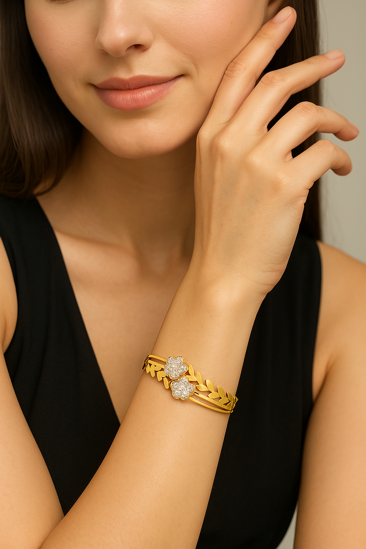 Gold Floral Charm Bracelet with Gemstone Accents – Elegant Artificial Jewelry for Women