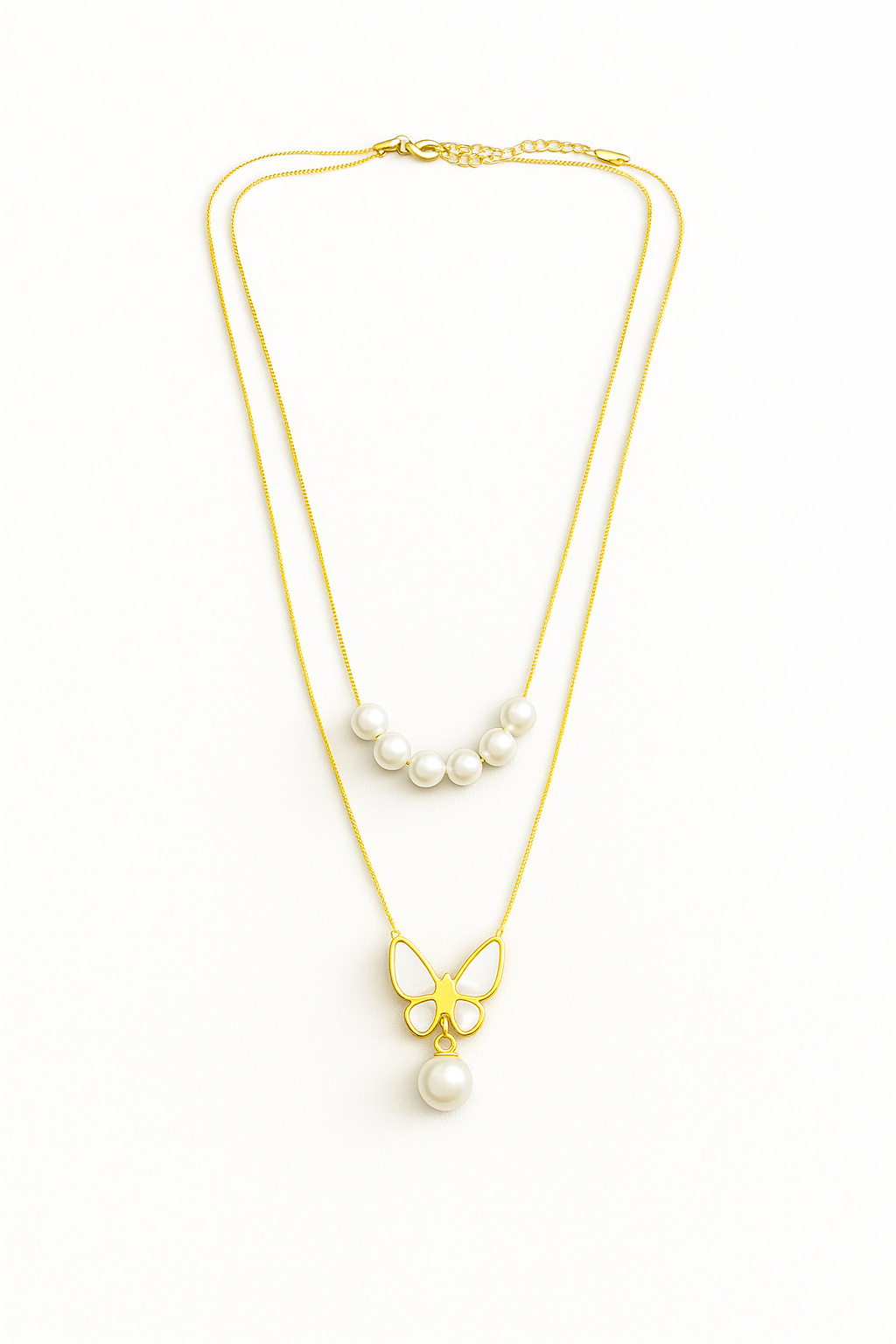 Dainty Layered Pearl Necklace with Butterfly Pendant