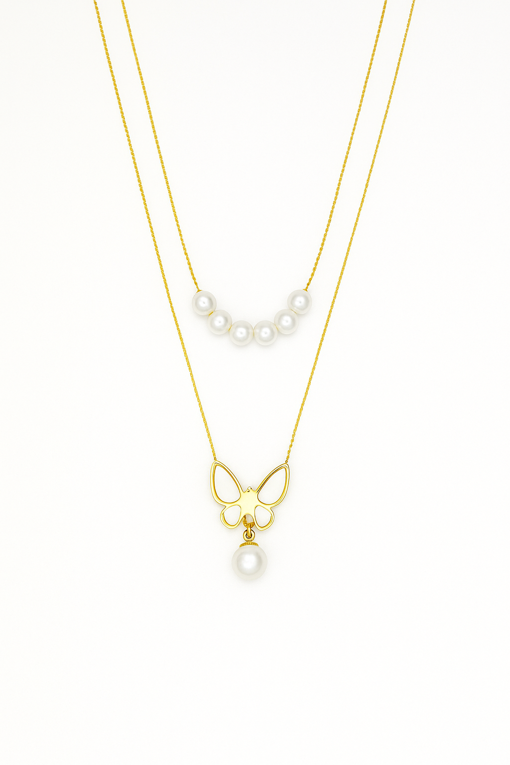 Dainty Layered Pearl Necklace with Butterfly Pendant