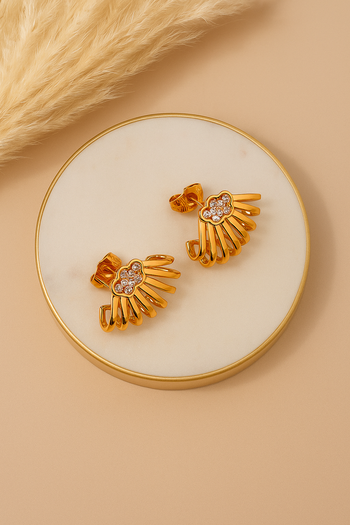 Elegant Rose Gold Winged Earrings with Crystal Accents – Designer Artificial Studs for Women