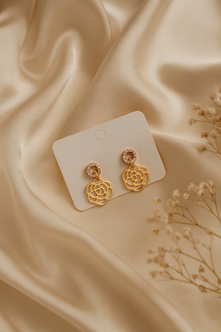 Rose Gold Flower Drop Earrings with Crystal Hoops – Designer Artificial Jewelry for Women