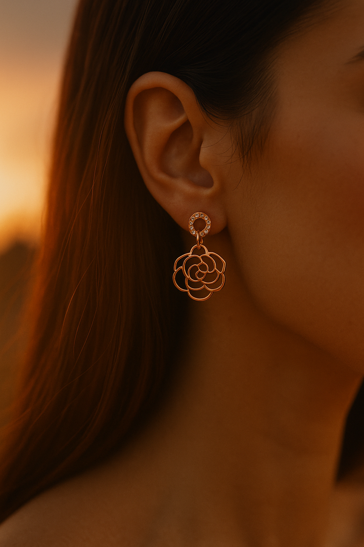 Rose Gold Flower Drop Earrings with Crystal Hoops – Designer Artificial Jewelry for Women