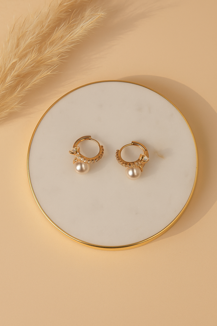Rose Gold Hoop Earrings with Pearl Drop & Bow Accent – Designer Artificial Jewelry for Women