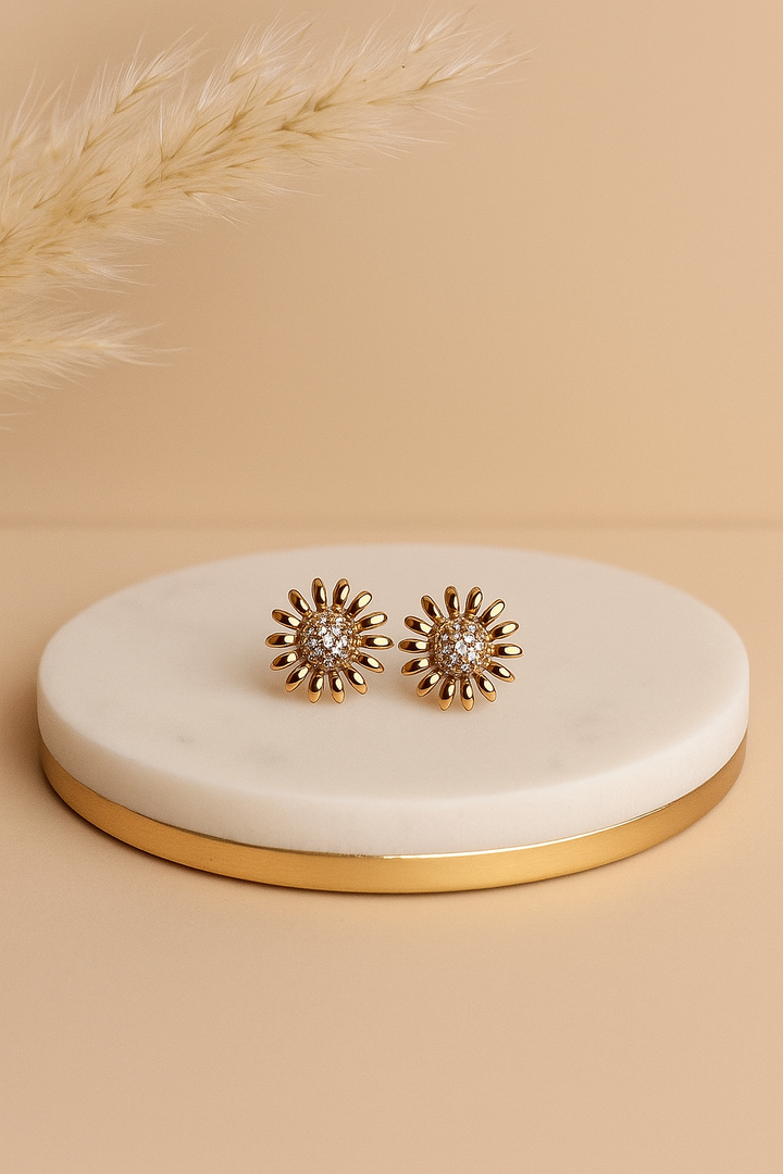 Rose Gold Flower Stud Earrings - Crystal Sunburst Design