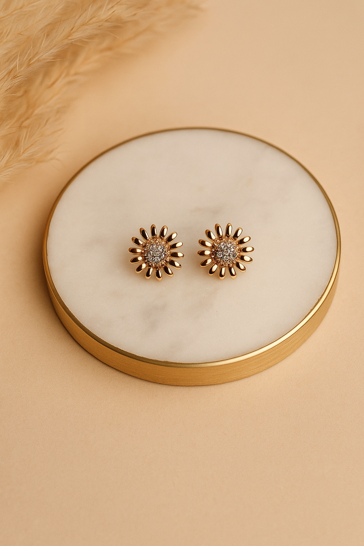 Rose Gold Flower Stud Earrings - Crystal Sunburst Design