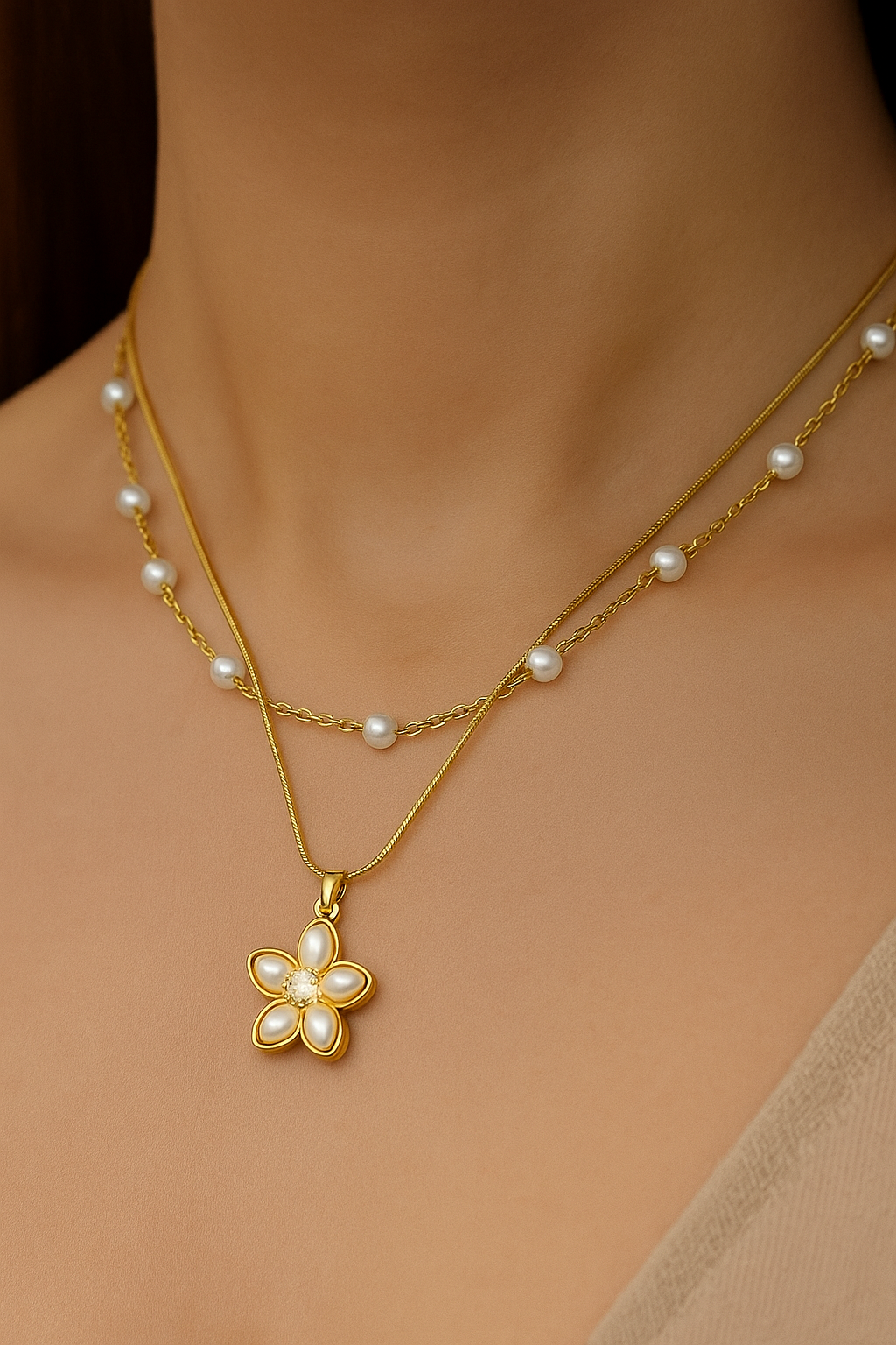Layered Gold Chain Necklace with Pearl Flower Pendant