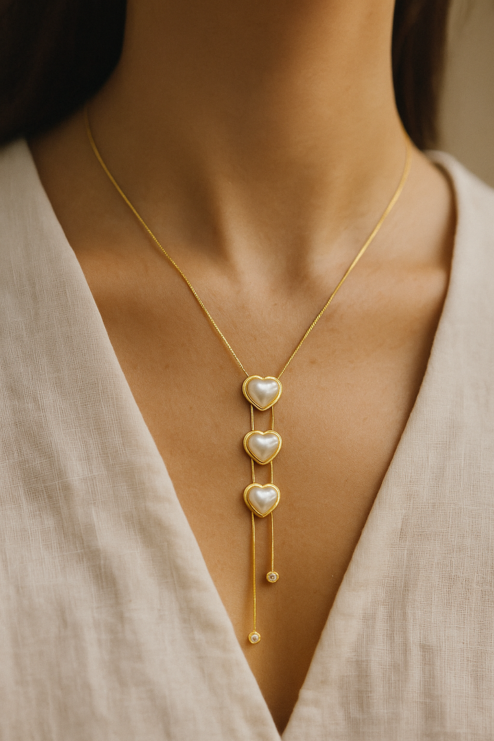 Elegant Triple Heart Pendant Necklace - Gold Tone & Mother of Pearl