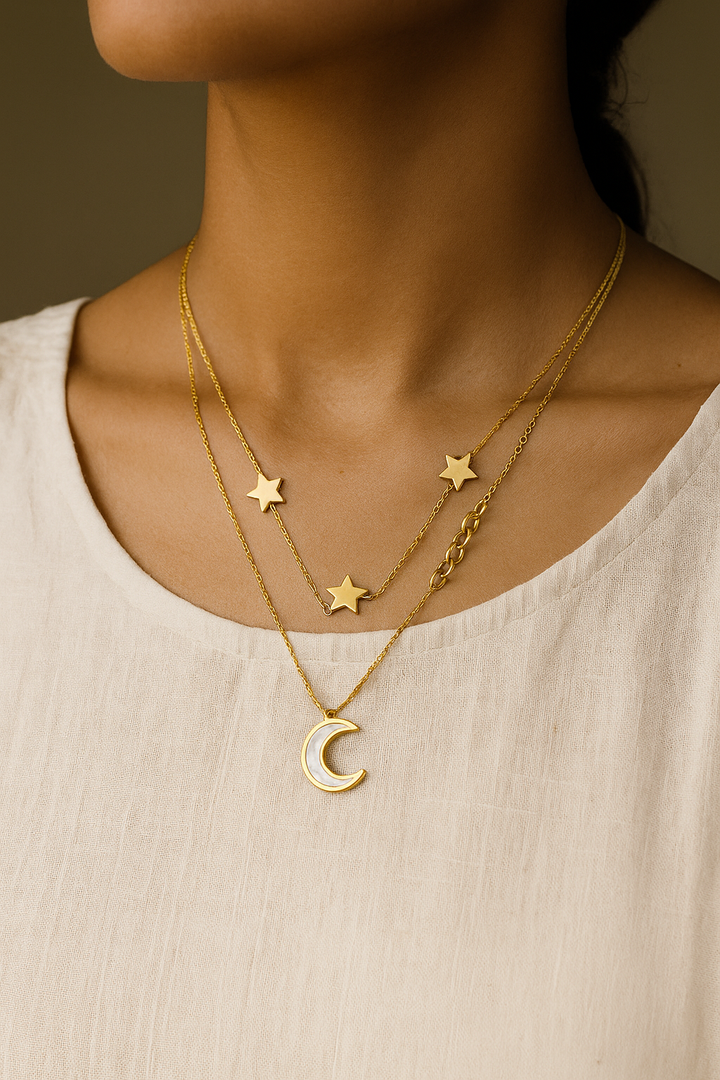 Layered Moon and Stars Necklace - Gold Tone with Celestial Pendants