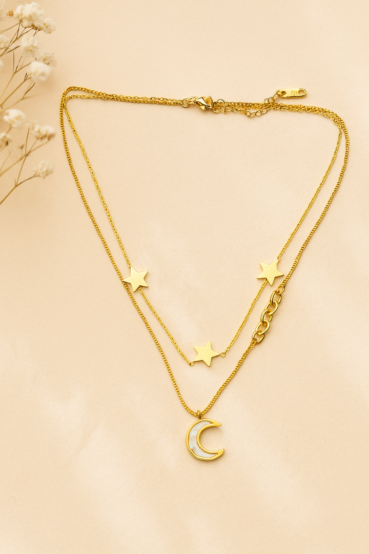 Layered Moon and Stars Necklace - Gold Tone with Celestial Pendants