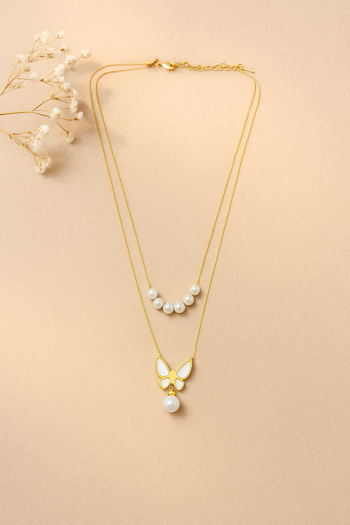Dainty Layered Pearl Necklace with Butterfly Pendant