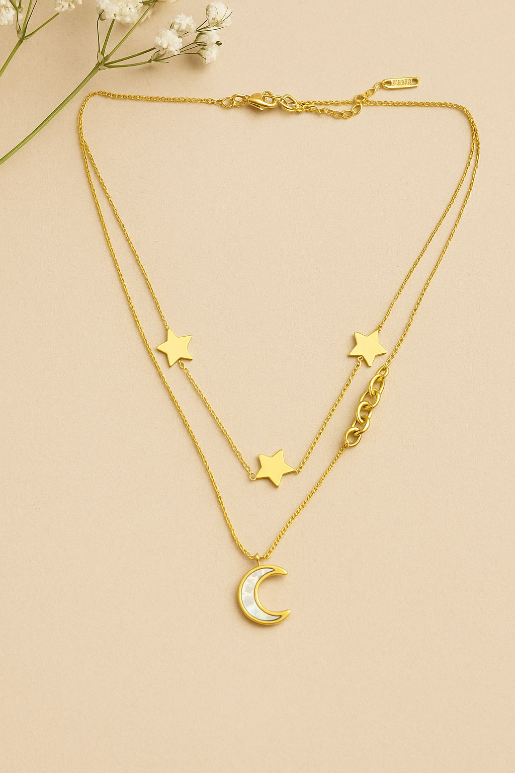 Layered Moon and Stars Necklace - Gold Tone with Celestial Pendants