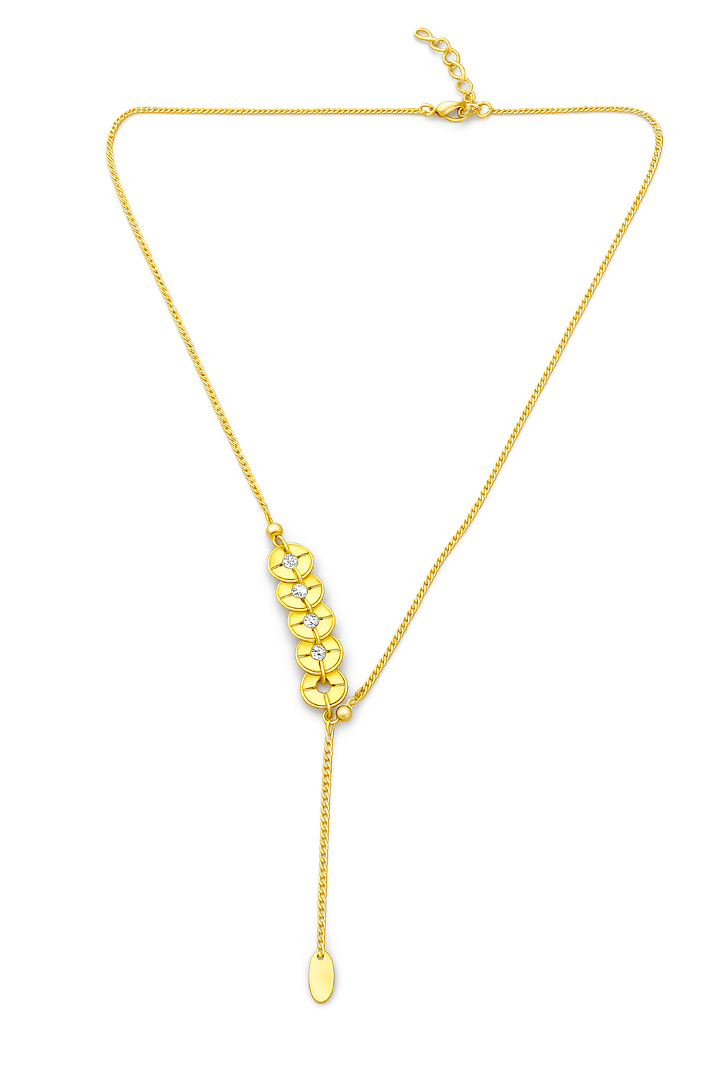 Dangling Gold Lariat Necklace - Round Disc Pendant with CZ Crystals