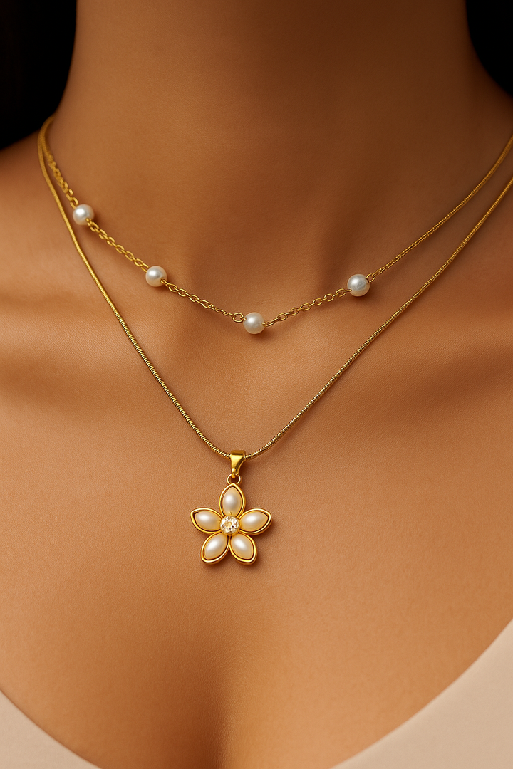 Layered Gold Chain Necklace with Pearl Flower Pendant