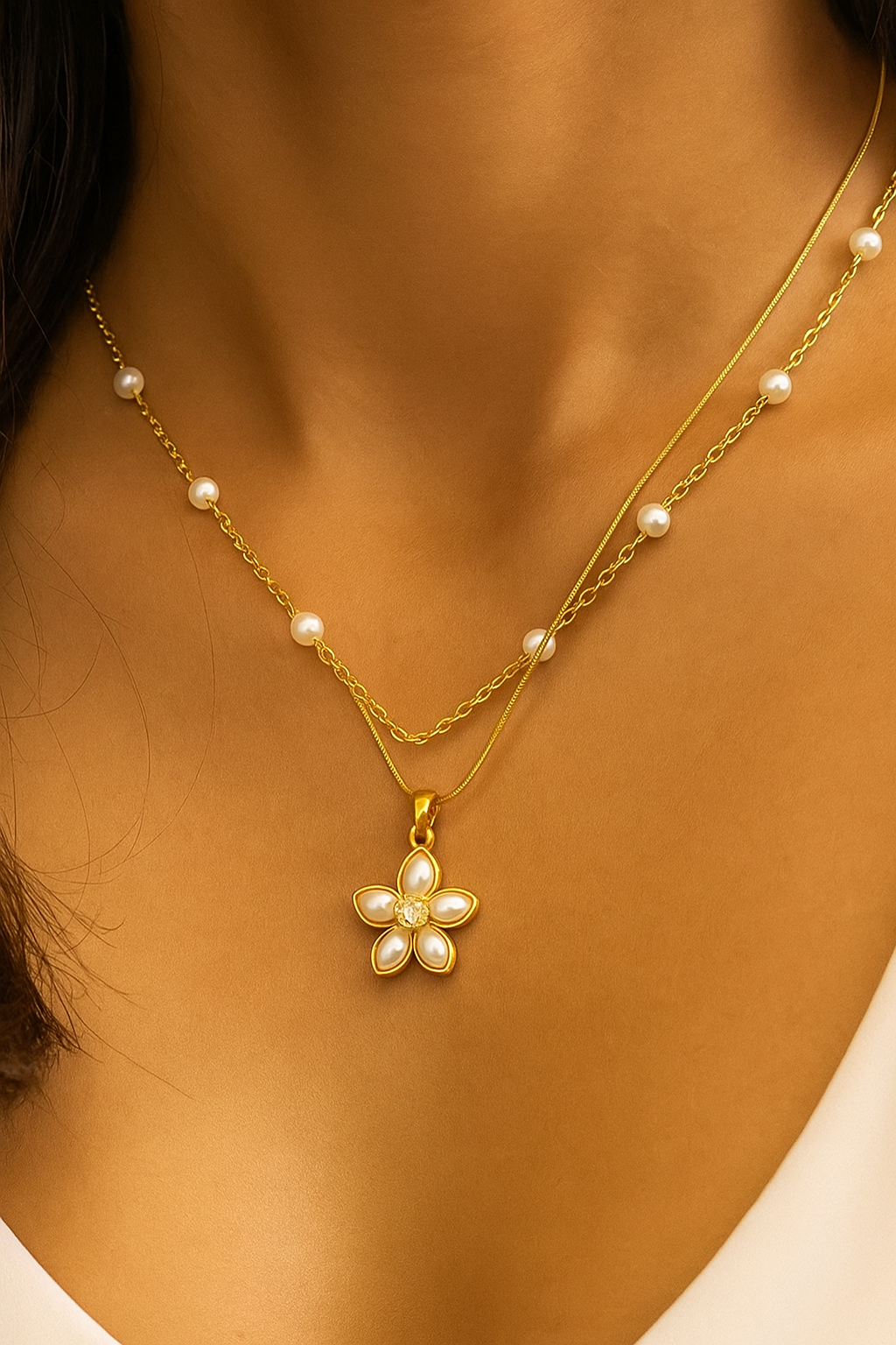 Layered Gold Chain Necklace with Pearl Flower Pendant