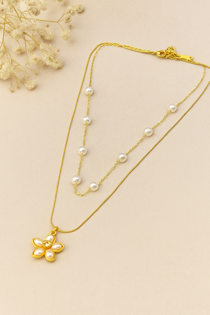 Layered Gold Chain Necklace with Pearl Flower Pendant