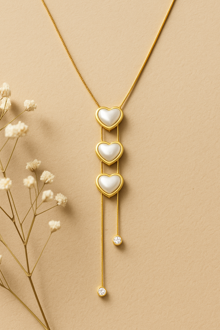Elegant Triple Heart Pendant Necklace - Gold Tone & Mother of Pearl