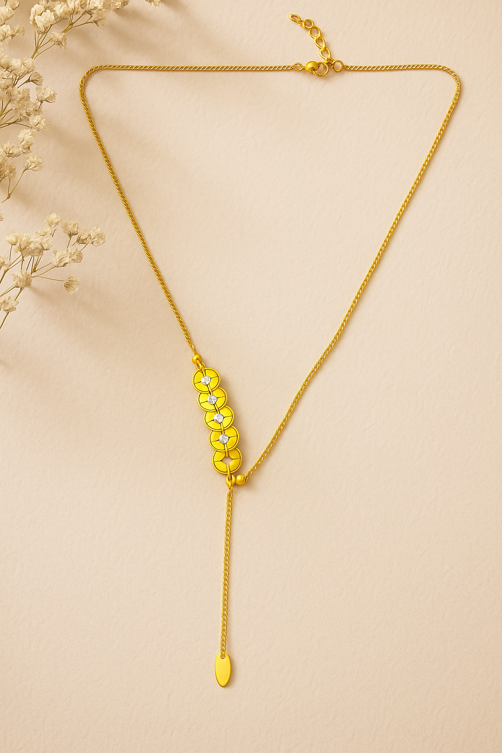 Dangling Gold Lariat Necklace - Round Disc Pendant with CZ Crystals