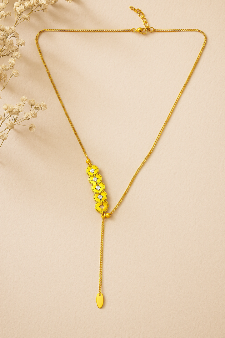 Dangling Gold Lariat Necklace - Round Disc Pendant with CZ Crystals