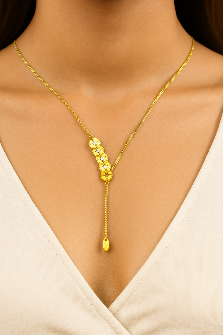 Dangling Gold Lariat Necklace - Round Disc Pendant with CZ Crystals