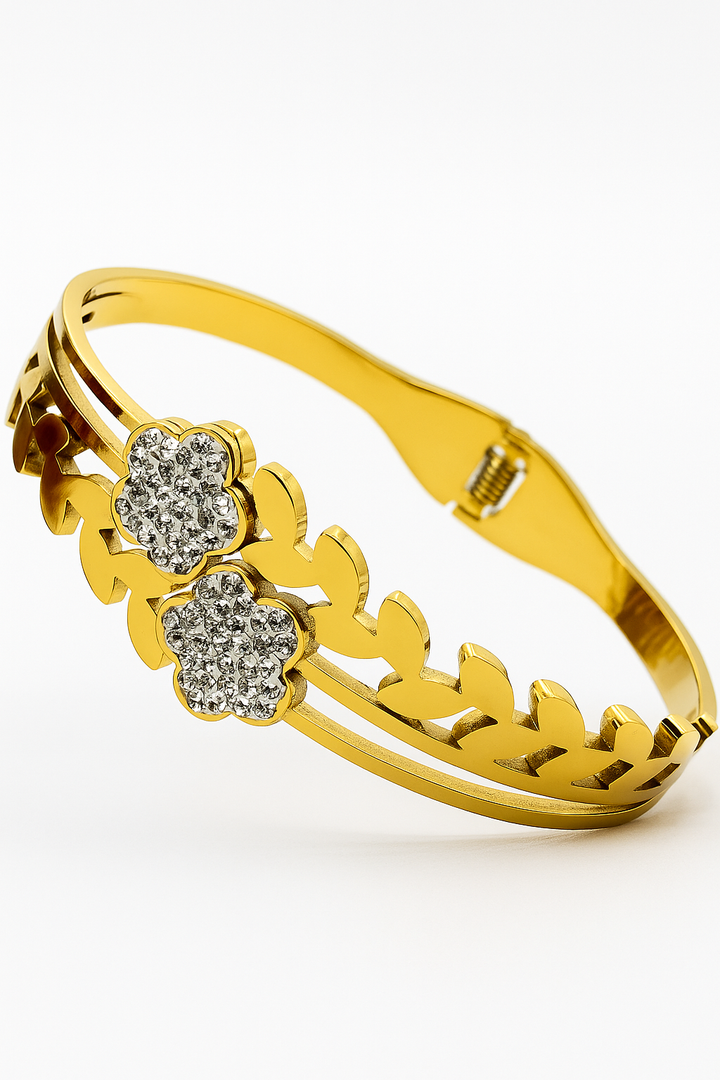 Gold Floral Charm Bracelet with Gemstone Accents – Elegant Artificial Jewelry for Women