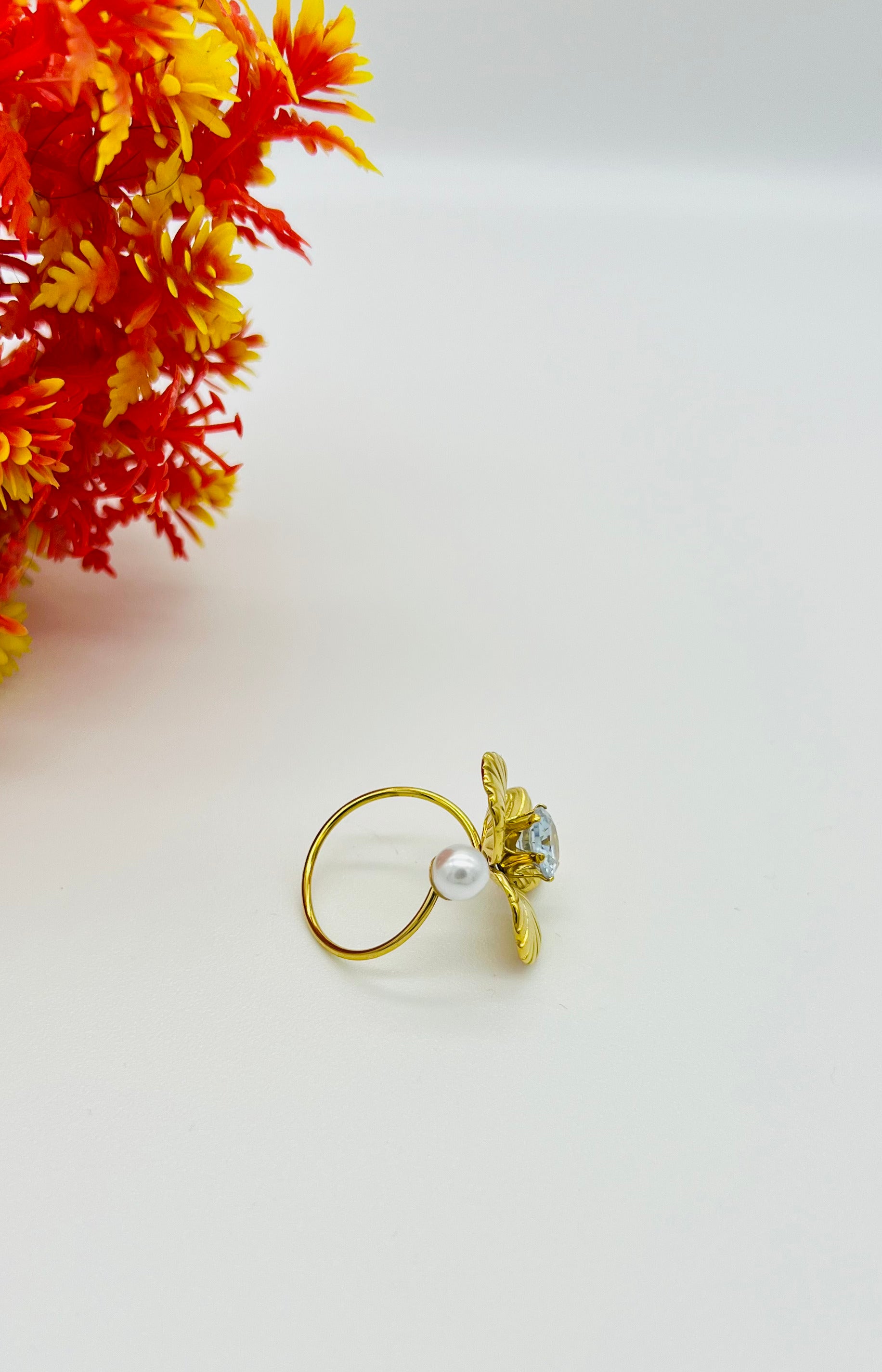 Elegant Gold Leaf Ring with Pearl & Diamond Accent – Designer Artificial Jewelry for Women