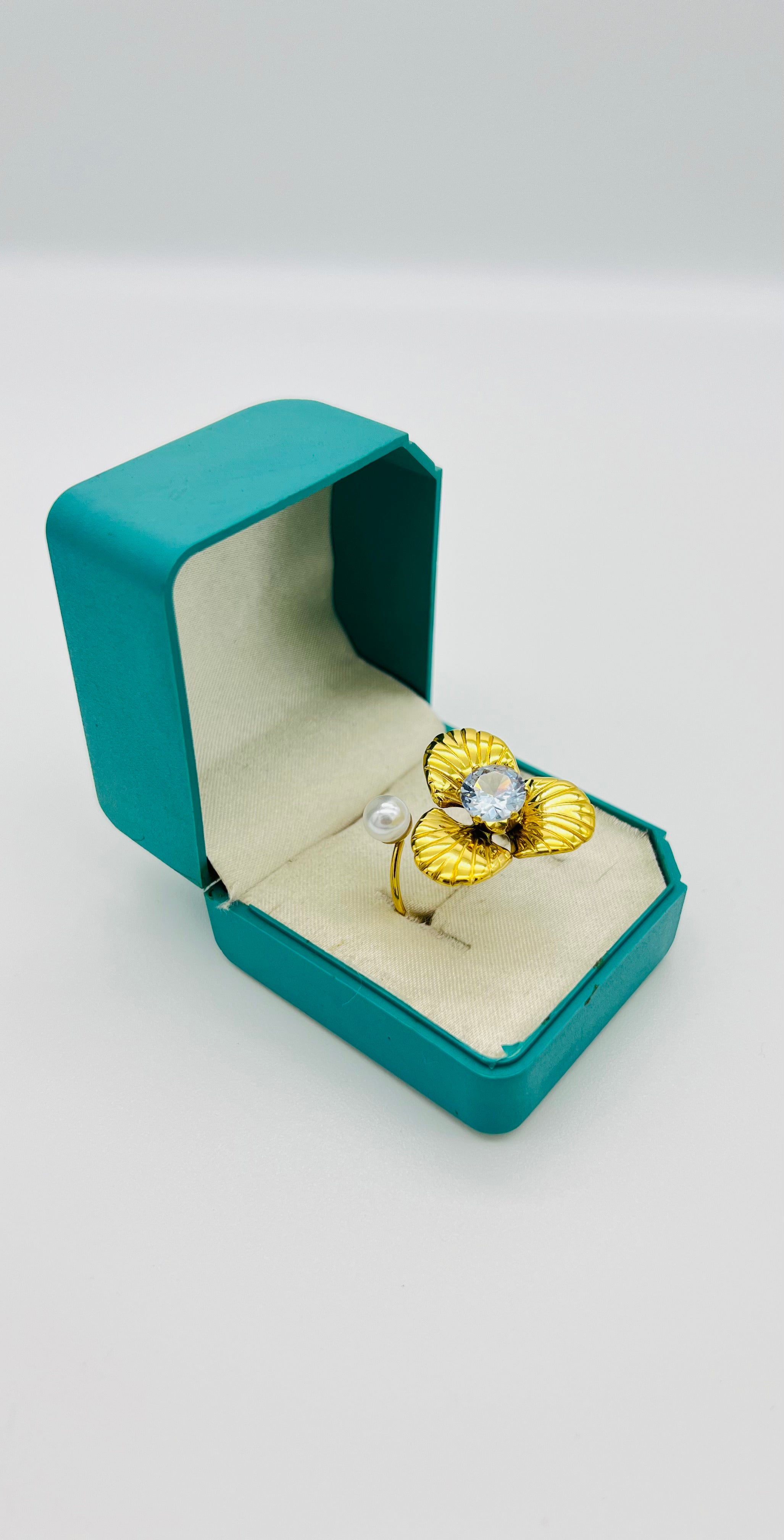 Elegant Gold Leaf Ring with Pearl & Diamond Accent – Designer Artificial Jewelry for Women