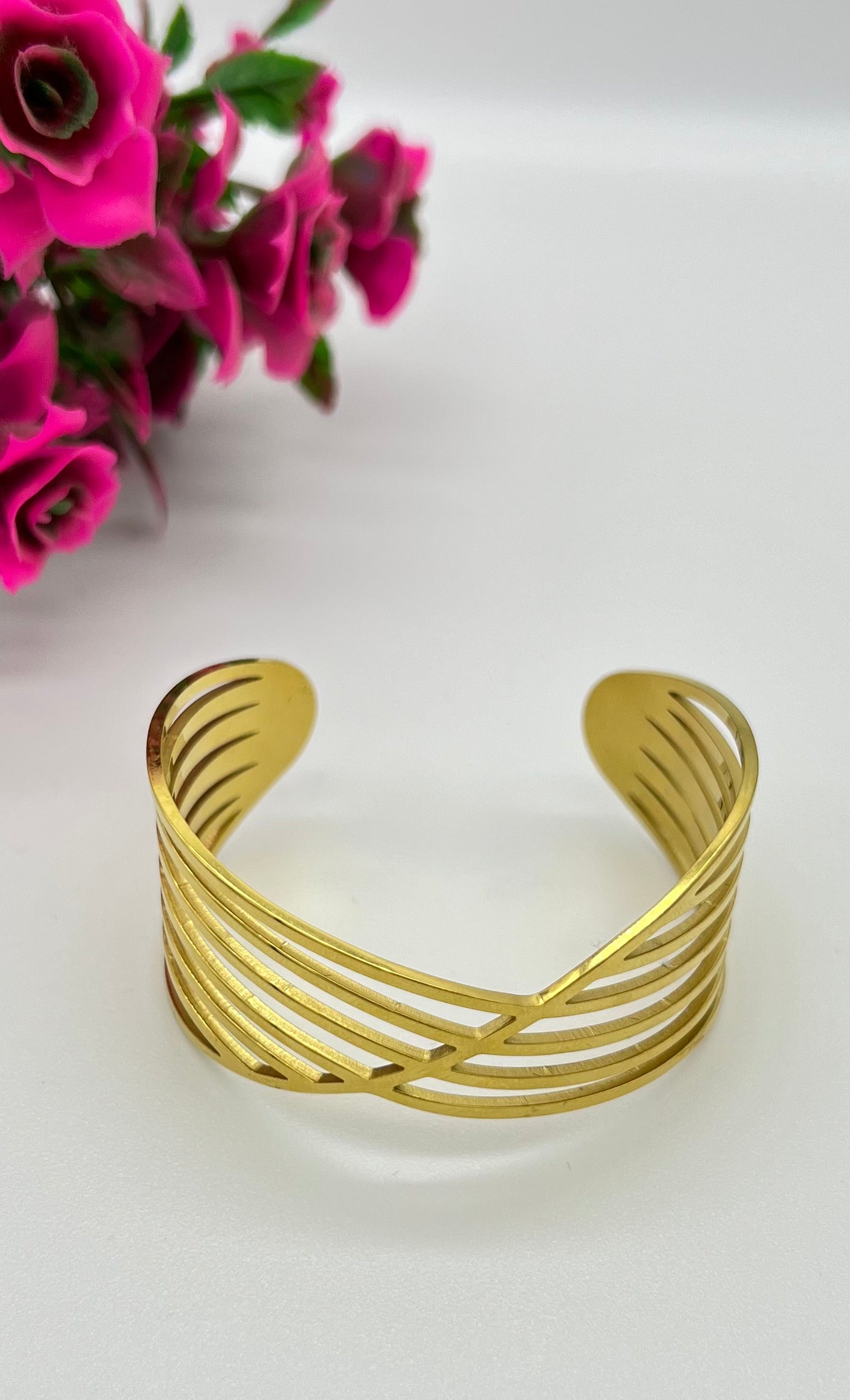 Modern Gold Cuff Bracelet - Intersecting Line Design