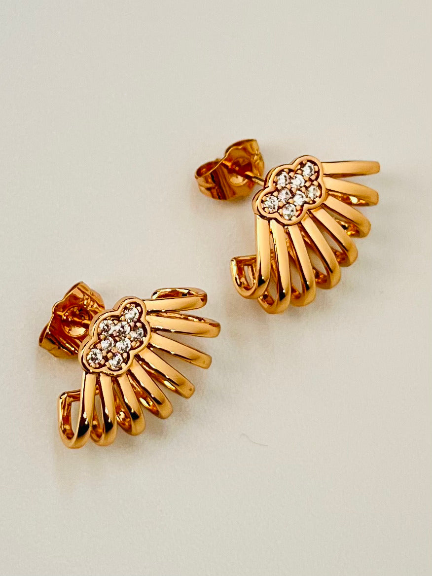 Elegant Rose Gold Winged Earrings with Crystal Accents – Designer Artificial Studs for Women