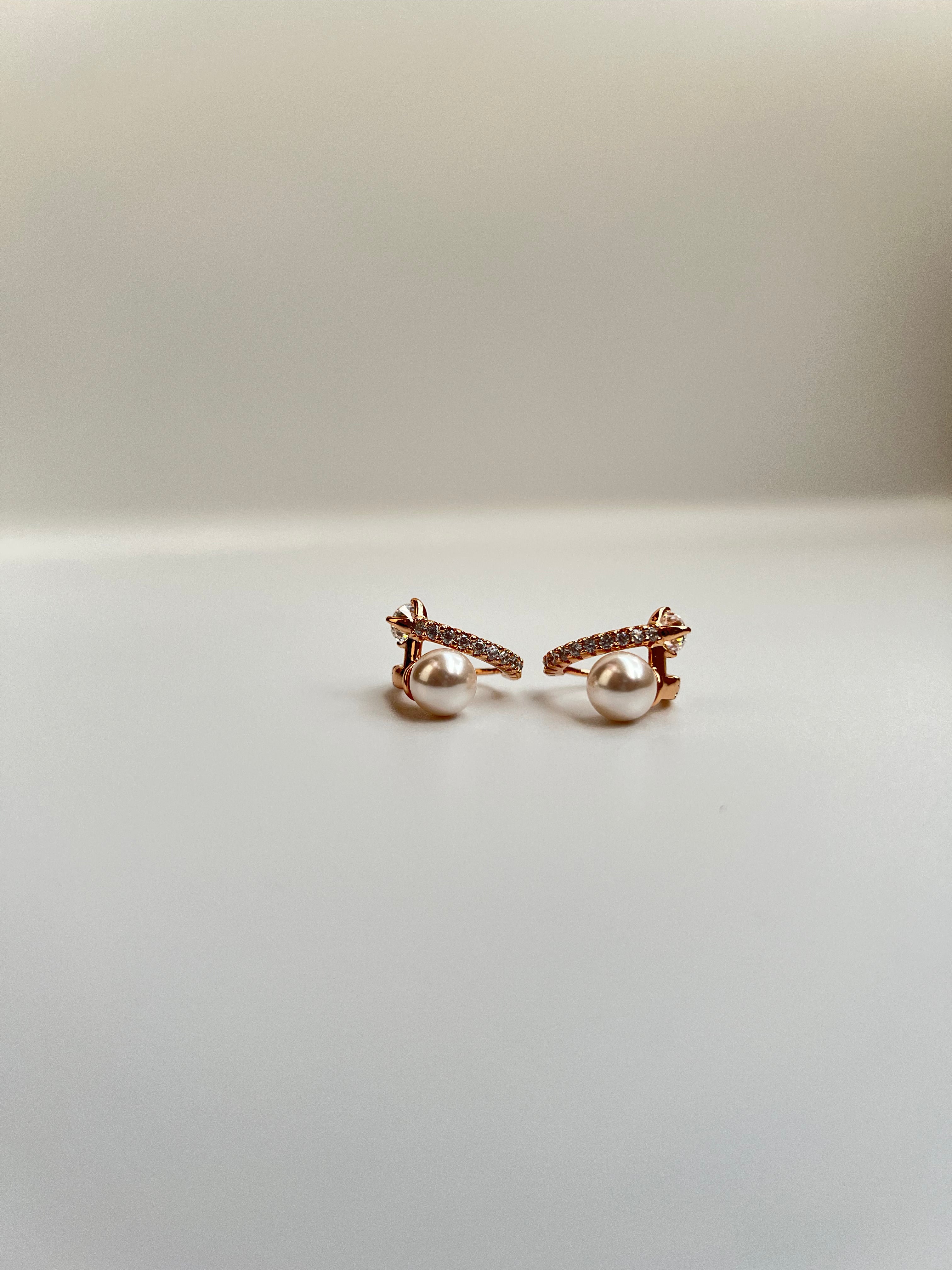 Rose Gold Hoop Earrings with Pearl Drop & Bow Accent – Designer Artificial Jewelry for Women