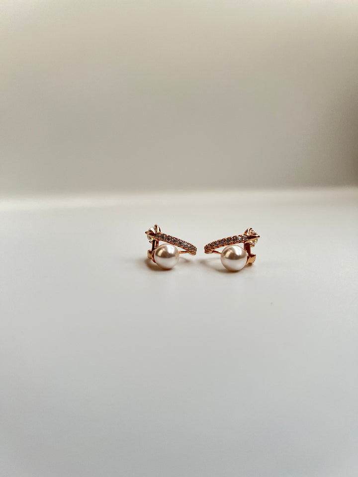 Rose Gold Hoop Earrings with Pearl Drop & Bow Accent – Designer Artificial Jewelry for Women