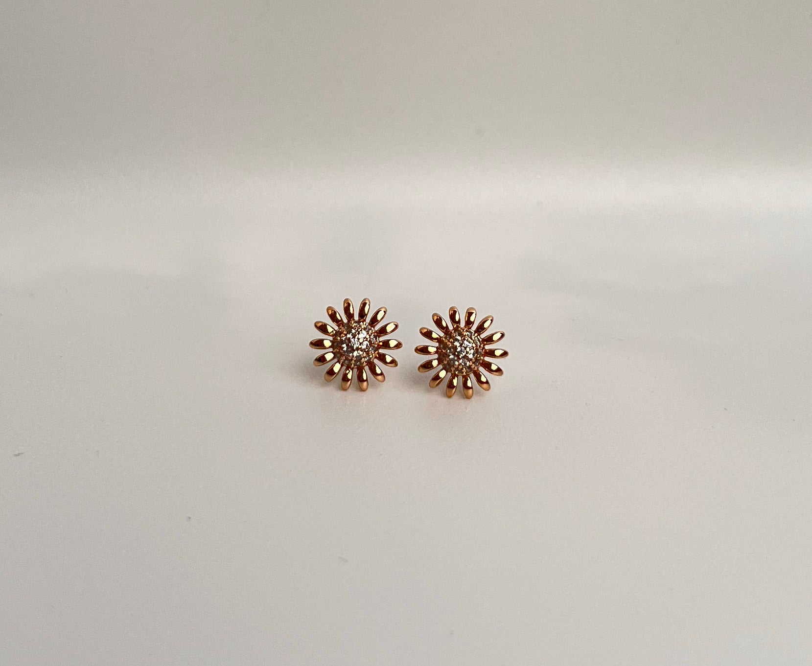 Rose Gold Flower Stud Earrings - Crystal Sunburst Design