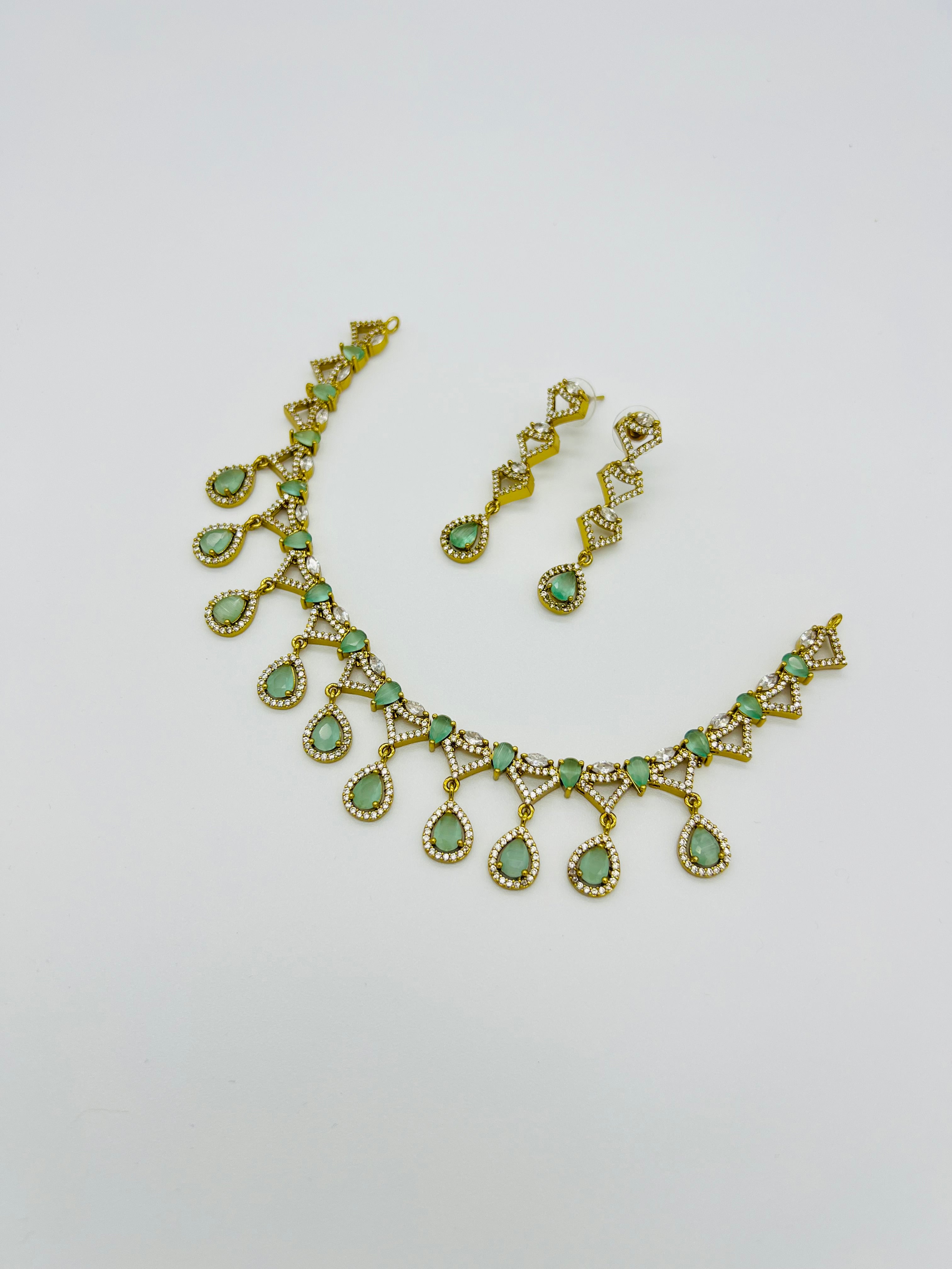 Gold-Toned Green Stone Necklace & Earring Set – Bridal Artificial Jewelry for Women