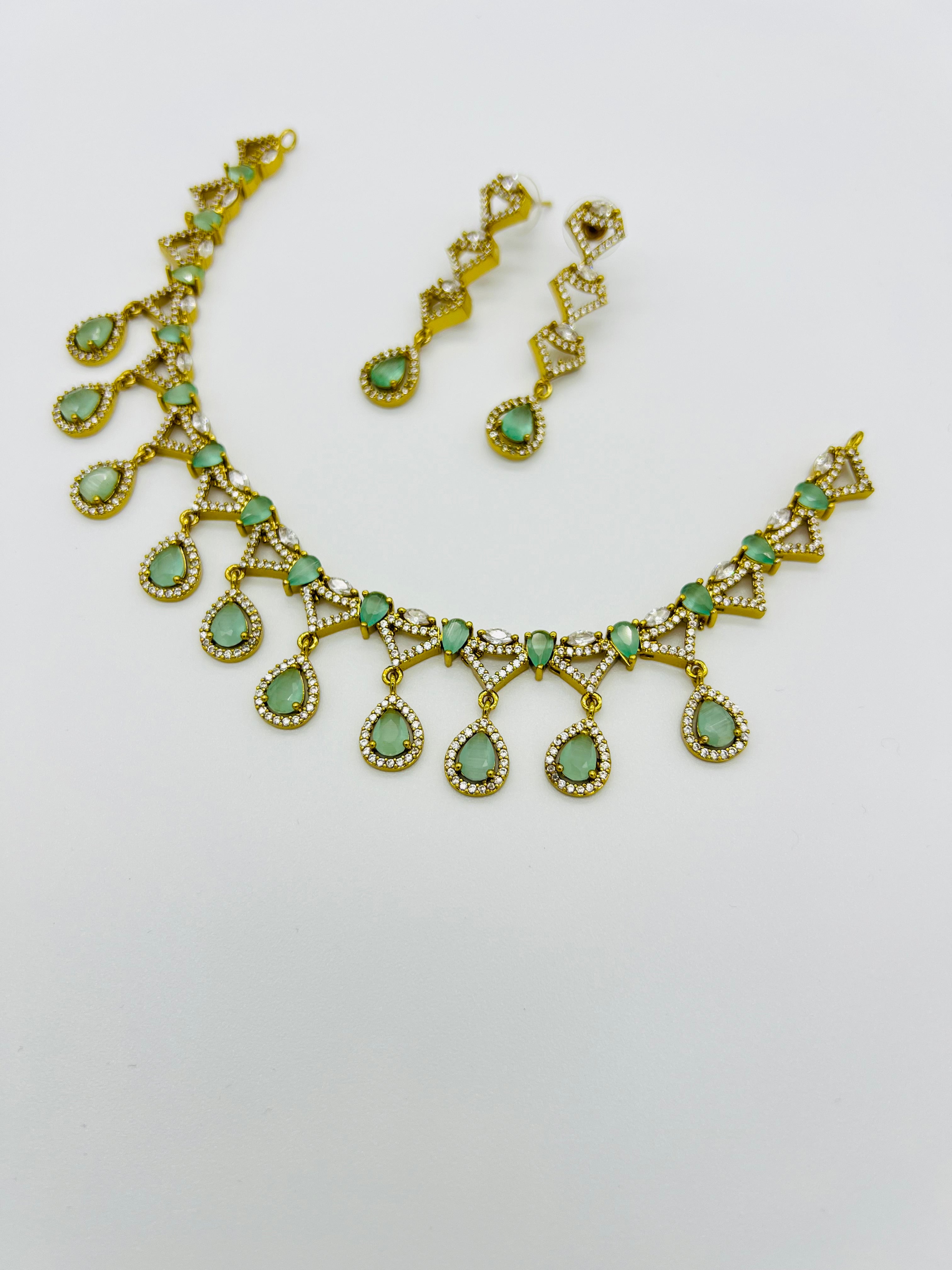 Gold-Toned Green Stone Necklace & Earring Set – Bridal Artificial Jewelry for Women