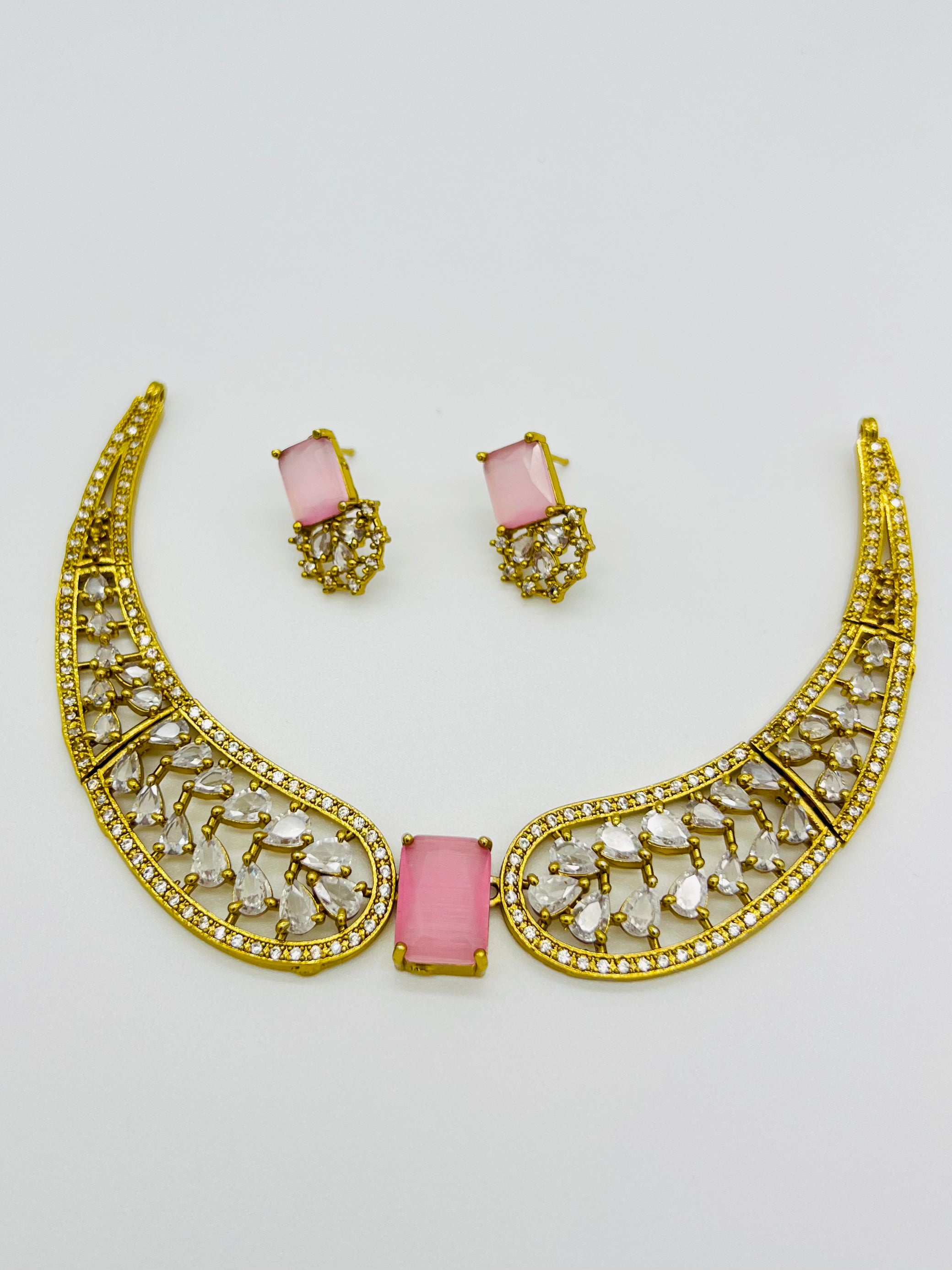 Elegant Pink Stone Gold-Plated Necklace & Earring Set – Wedding & Festive Jewelry