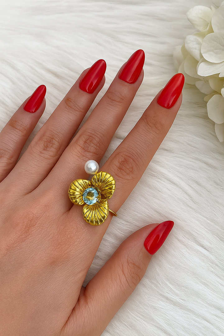 Elegant Gold Leaf Ring with Pearl & Diamond Accent – Designer Artificial Jewelry for Women