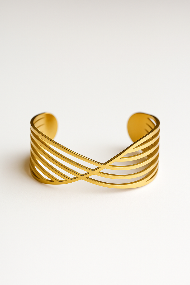 Modern Gold Cuff Bracelet - Intersecting Line Design