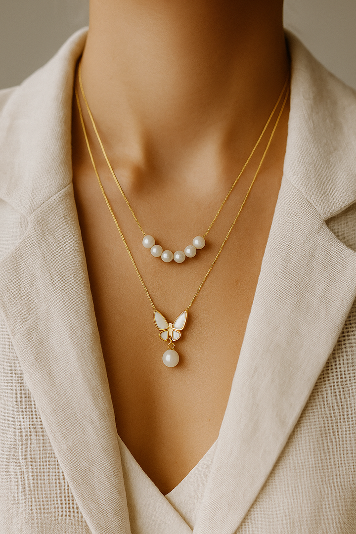 Dainty Layered Pearl Necklace with Butterfly Pendant
